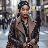 Bandeau cheveux EyeLoom porté avec une tenue casual chic urbaine.