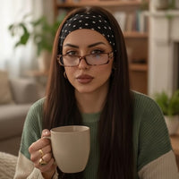 Bandeau cheveux Polka Élan noir porté avec une coiffure naturelle féminine.